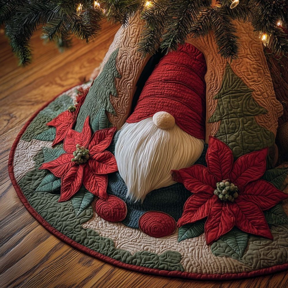 Gnome Among Poinsettias Tree Skirt — Handmade Holiday Skirt With Red Blossoms, Quilted Christmas Tree Base, Custom Sizing Available