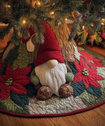 Standing Gnome With Poinsettias Tree Skirt — Handmade Quilted Christmas Skirt, Festive Red Floral Holiday Decor, Custom Made-To-Order