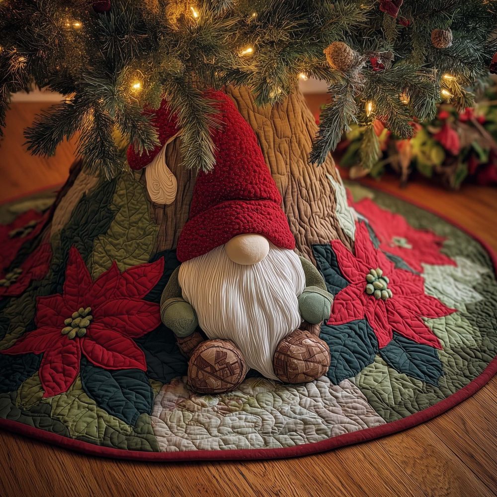 Standing Gnome With Poinsettias Tree Skirt — Handmade Quilted Christmas Skirt, Festive Red Floral Holiday Decor, Custom Made-To-Order