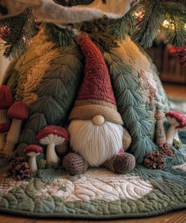 Mushroom Forest Gnome Holiday Tree Skirt — Handcrafted Woodland Gnome And Mushroom Christmas Skirt, Custom Options, Made-To-Order
