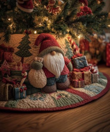 Gnome With Gift Sack Holiday Tree Skirt — Handmade Personalized Gnome Christmas Skirt With Gift Motif, Customizable, Made-To-Order
