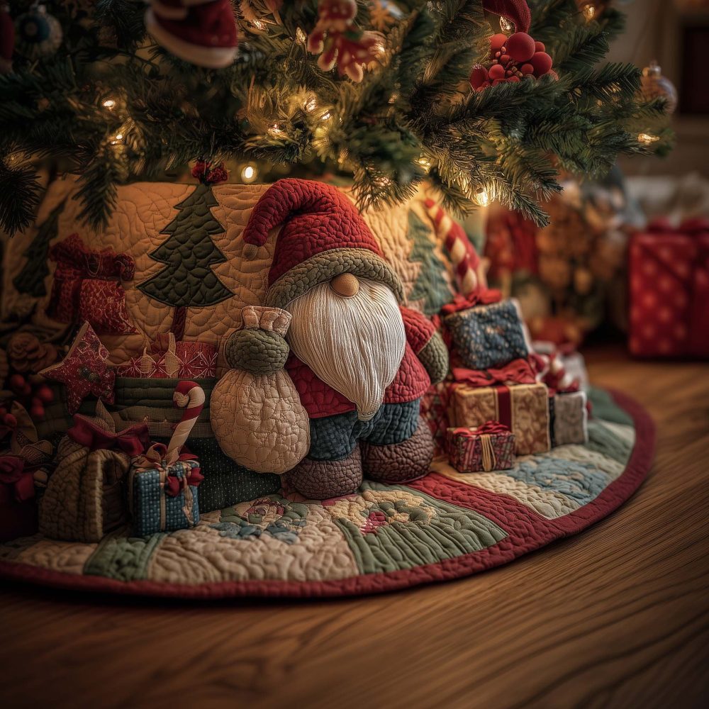 Gnome With Gift Sack Holiday Tree Skirt — Handmade Personalized Gnome Christmas Skirt With Gift Motif, Customizable, Made-To-Order