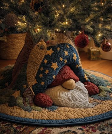Starry Night Gnome Holiday Tree Skirt — Custom Handmade Gnome And Star Christmas Tree Skirt, Premium Fabric, Made-To-Order