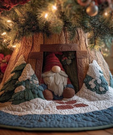 Cozy Cabin Window Gnome Christmas Tree Skirt — Handmade Custom Tree Skirt With Rustic Gnome Scene, Perfect Holiday Centerpiece