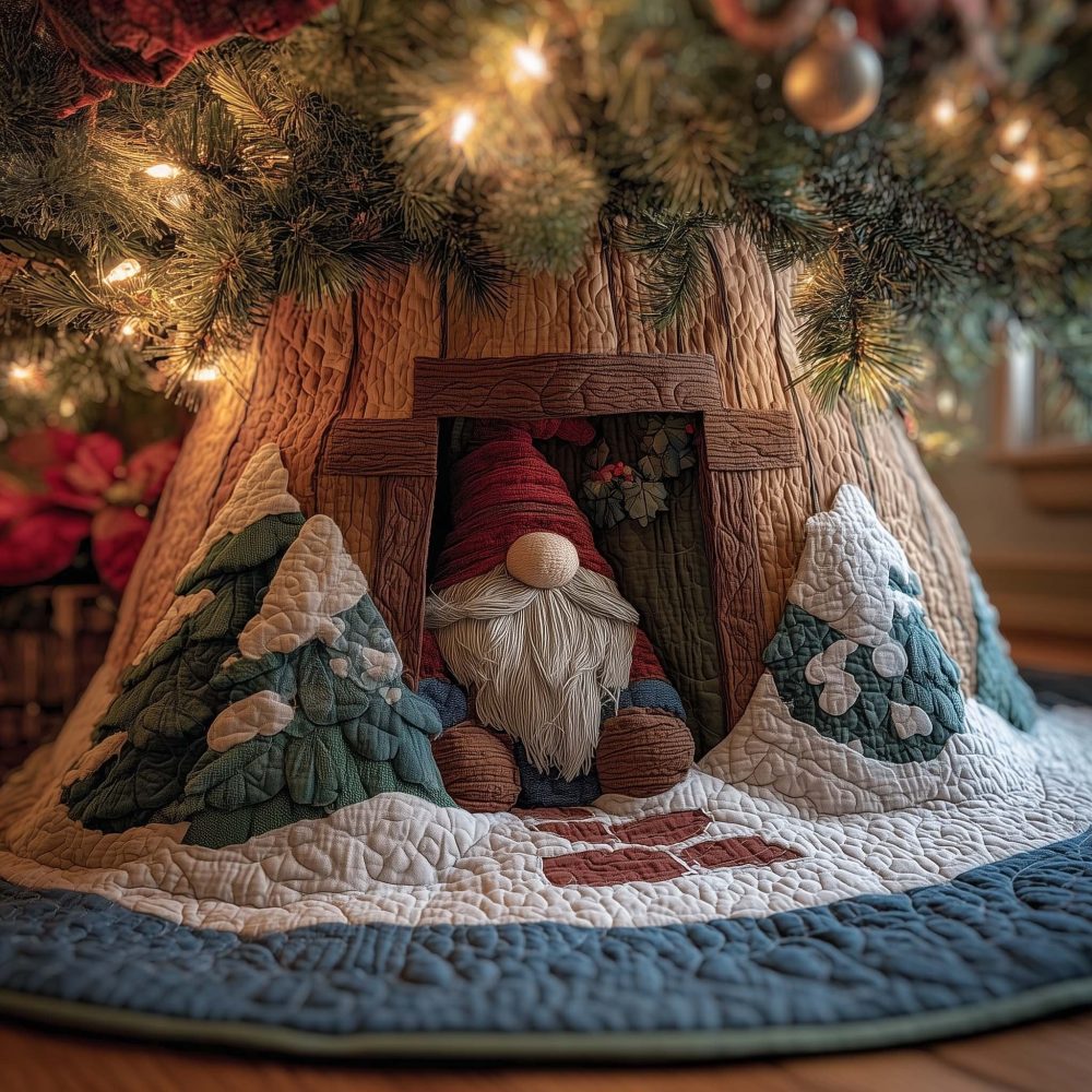 Cozy Cabin Window Gnome Christmas Tree Skirt — Handmade Custom Tree Skirt With Rustic Gnome Scene, Perfect Holiday Centerpiece