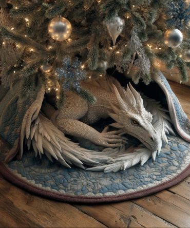 White Dragon Curled On Blue Quilted Tree Skirt — Handmade Christmas Skirt, Fantasy Holiday Accent, Custom Sizing Available
