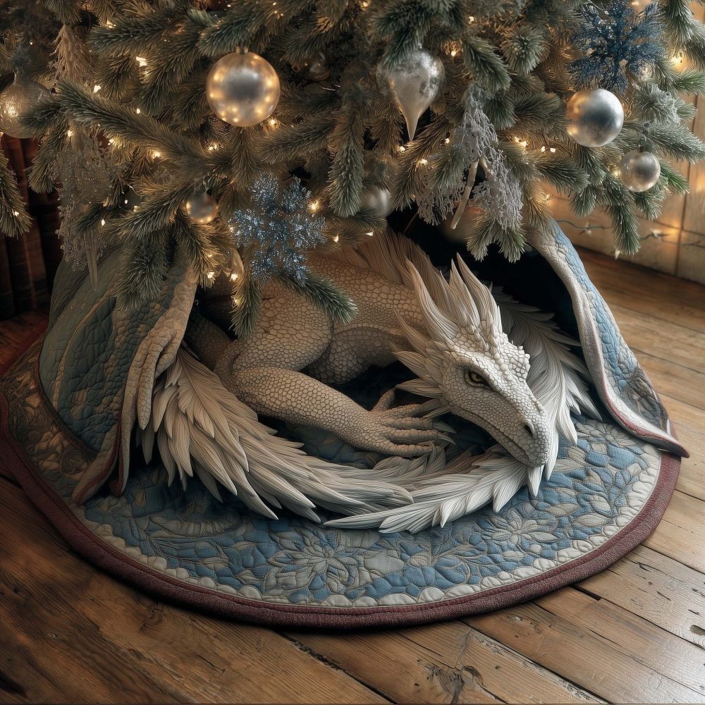White Dragon Curled On Blue Quilted Tree Skirt — Handmade Christmas Skirt, Fantasy Holiday Accent, Custom Sizing Available