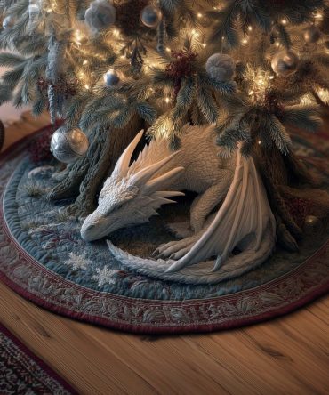 Grey Dragon On Snowflake Quilt Tree Skirt — Handmade Winter Dragon Christmas Skirt, Quilted Holiday Decor, Custom Made-To-Order