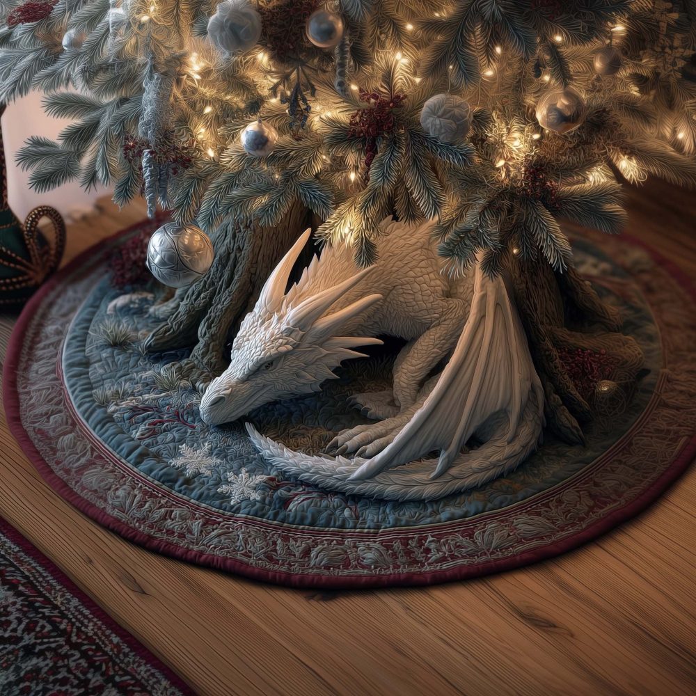 Grey Dragon On Snowflake Quilt Tree Skirt — Handmade Winter Dragon Christmas Skirt, Quilted Holiday Decor, Custom Made-To-Order