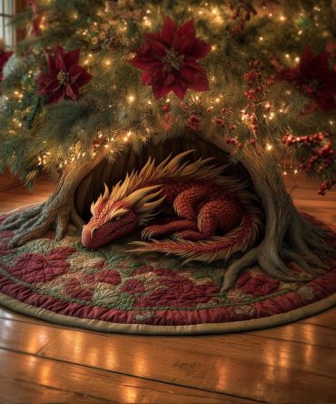 Ember Hearth Dragon Holiday Tree Skirt — Custom Dragon Christmas Tree Skirt, Handcrafted Warm Embroidery, Premium Holiday Decor