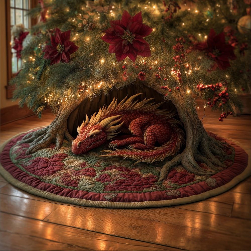 Ember Hearth Dragon Holiday Tree Skirt — Custom Dragon Christmas Tree Skirt, Handcrafted Warm Embroidery, Premium Holiday Decor