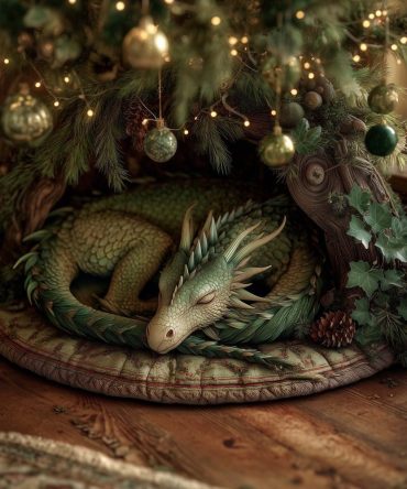 Sleeping Green Dragon Under Pines Tree Skirt — Handmade Quilted Christmas Skirt, Fantasy Woodland Holiday Decor, Custom Fit