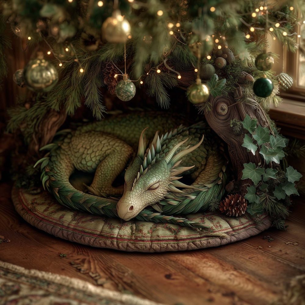 Sleeping Green Dragon Under Pines Tree Skirt — Handmade Quilted Christmas Skirt, Fantasy Woodland Holiday Decor, Custom Fit