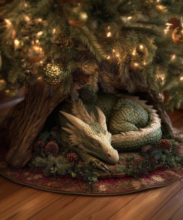 Green Dragon Curled In Log Tree Skirt — Handmade Quilted Christmas Skirt, Rustic Fantasy Holiday Decor, Custom Made-To-Order