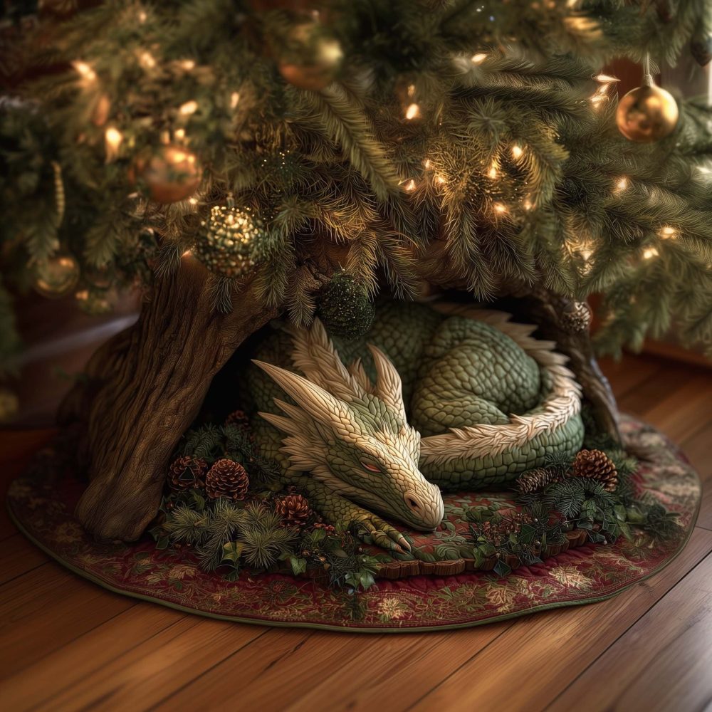 Green Dragon Curled In Log Tree Skirt — Handmade Quilted Christmas Skirt, Rustic Fantasy Holiday Decor, Custom Made-To-Order