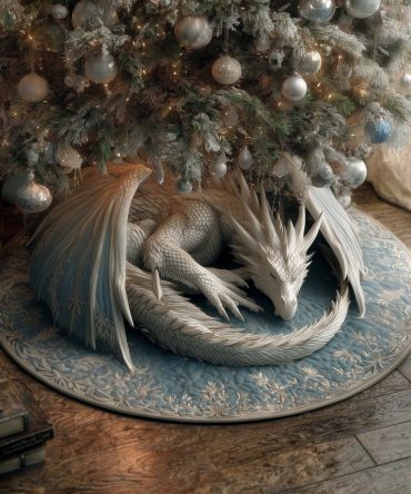 White Dragon On Pale Blue Tree Skirt — Elegant Handmade Quilted Christmas Skirt, Serene Holiday Decor, Custom Made-To-Order Fit