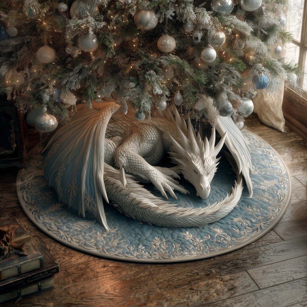 White Dragon On Pale Blue Tree Skirt — Elegant Handmade Quilted Christmas Skirt, Serene Holiday Decor, Custom Made-To-Order Fit