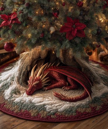 Sleeping Red Dragon In Den Tree Skirt — Handmade Quilted Christmas Skirt, Cozy Fantasy Holiday Decor, Custom Size Options