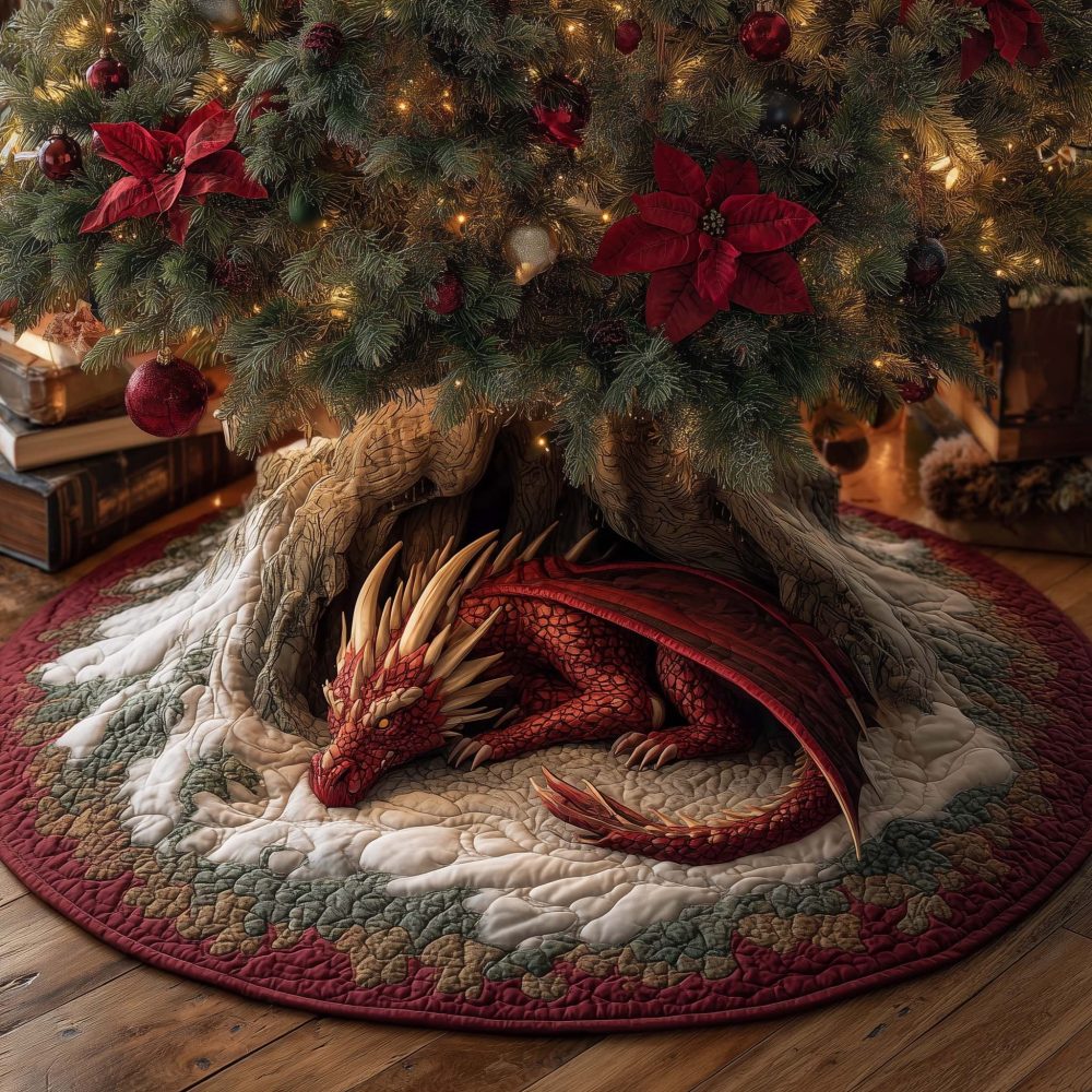 Sleeping Red Dragon In Den Tree Skirt — Handmade Quilted Christmas Skirt, Cozy Fantasy Holiday Decor, Custom Size Options