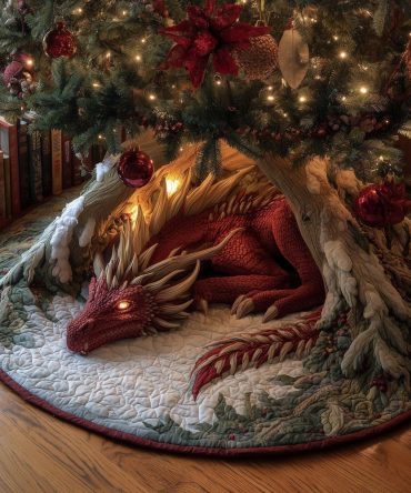 Resting Red Dragon Tree Skirt — Handmade Holiday Skirt With Pine Forest Scene, Quilted Fantasy Christmas Decor, Custom Sizes