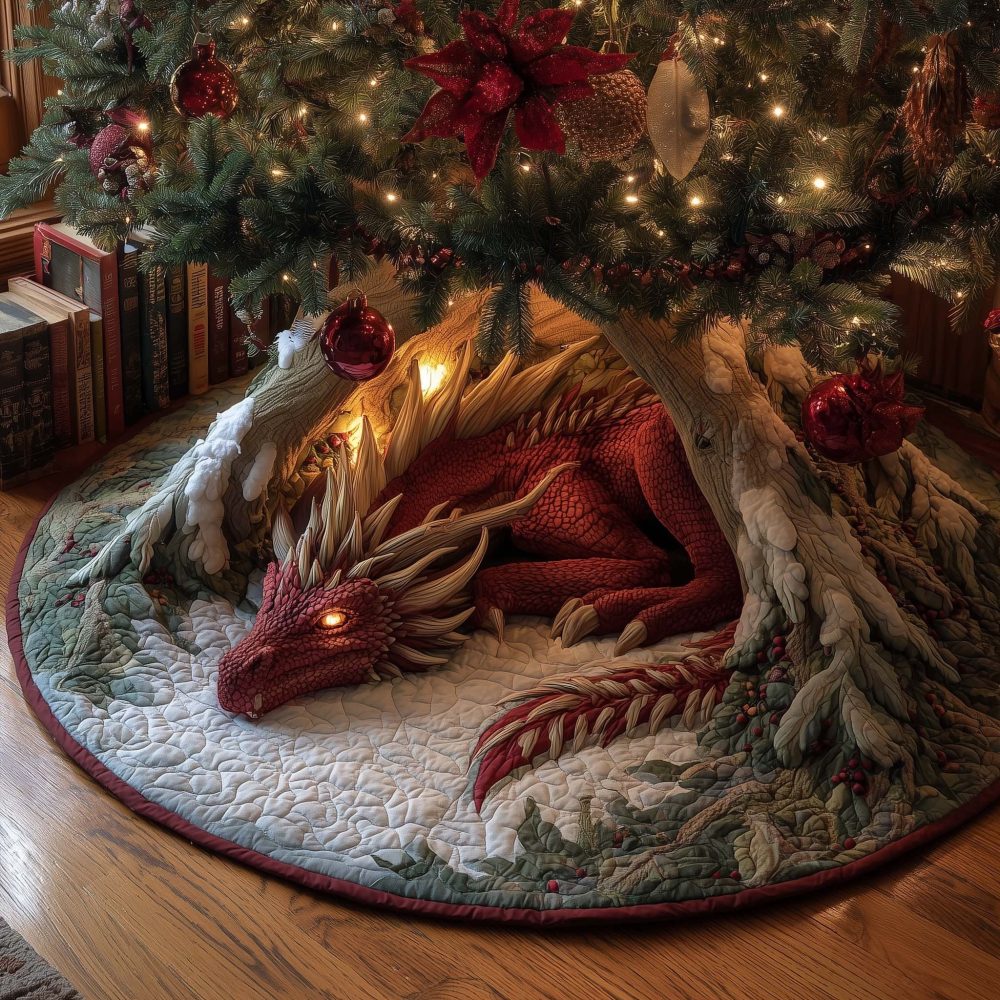 Resting Red Dragon Tree Skirt — Handmade Holiday Skirt With Pine Forest Scene, Quilted Fantasy Christmas Decor, Custom Sizes