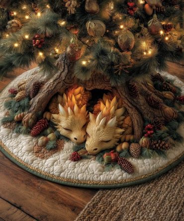 Pair Of Sleeping Foxes Tree Skirt — Handmade Log Nook Christmas Skirt, Quilted Rustic Holiday Decor, Custom Made-To-Order