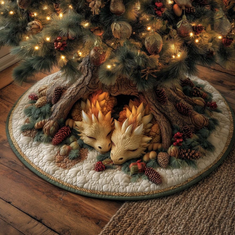 Pair Of Sleeping Foxes Tree Skirt — Handmade Log Nook Christmas Skirt, Quilted Rustic Holiday Decor, Custom Made-To-Order