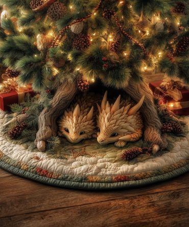 Curled Foxes Woodland Tree Skirt — Handmade Holiday Skirt With Cozy Den Illustration, Custom Quilted Christmas Floor Cover