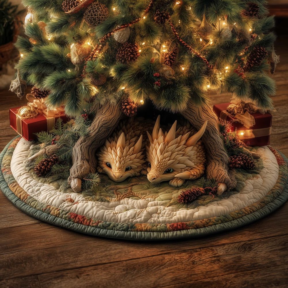 Curled Foxes Woodland Tree Skirt — Handmade Holiday Skirt With Cozy Den Illustration, Custom Quilted Christmas Floor Cover