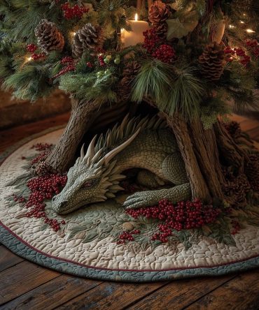 Woodland Spirit Dragon Holiday Tree Skirt — Handcrafted Nature-Inspired Dragon Christmas Skirt, Custom Embroidery, Made-To-Order