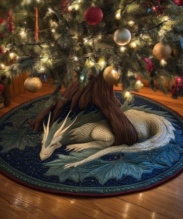Starlight Dream Dragon Holiday Tree Skirt — Custom Fantasy Dragon Christmas Skirt With Starry Embellishments, Handmade Made-To-Order