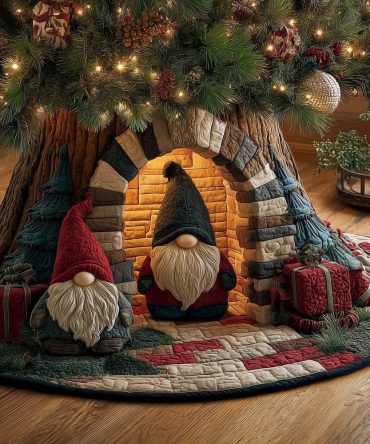Stone Hearth Arch Gnomes Tree Skirt — Handcrafted Rustic Holiday Skirt With Textured Stone Arch Scene, Custom