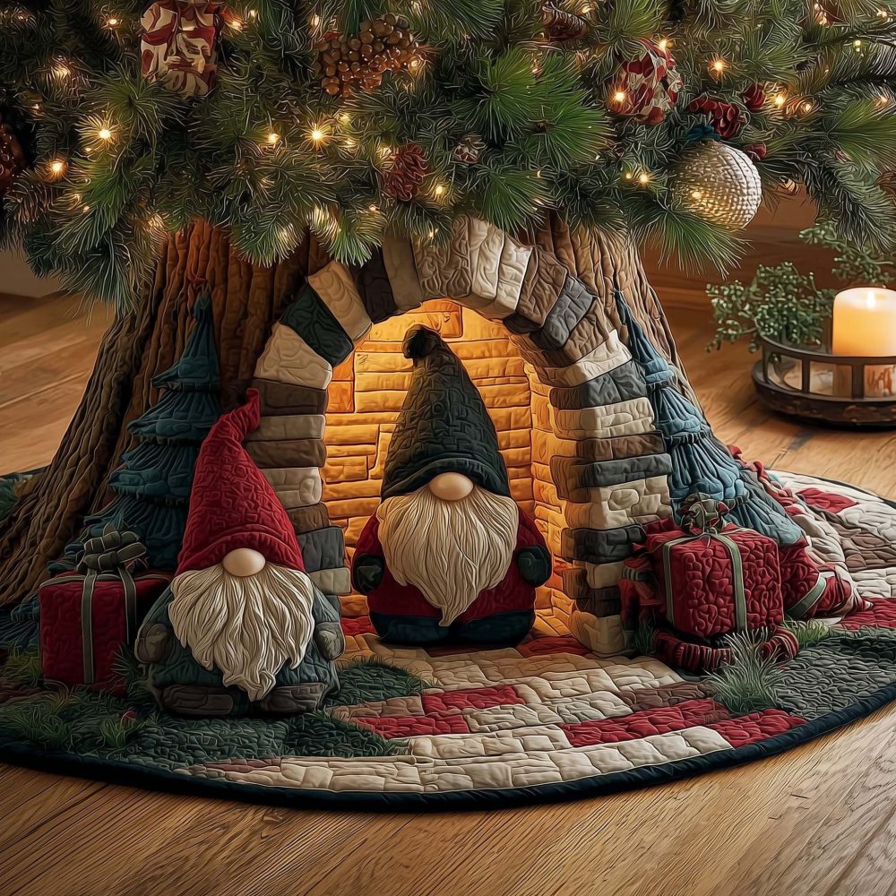 Stone Hearth Arch Gnomes Tree Skirt — Handcrafted Rustic Holiday Skirt With Textured Stone Arch Scene, Custom