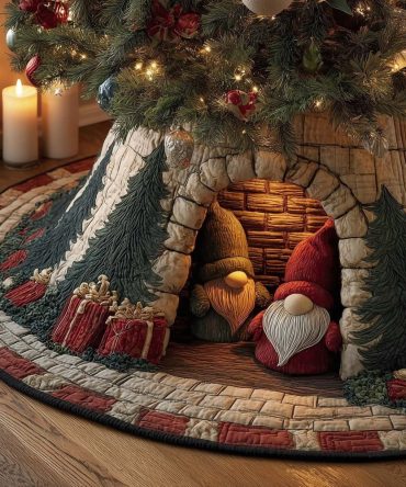 Cozy Fireside Gnome Tree Skirt — Handcrafted Hearthside Scene For Holiday Warmth, Custom Fit & Colors