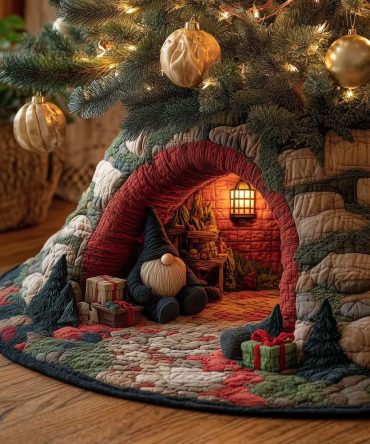 Red Brick Archway Gnome Tree Skirt — Handmade Festive Skirt With Rustic Arch Detail, Custom Sizes Available