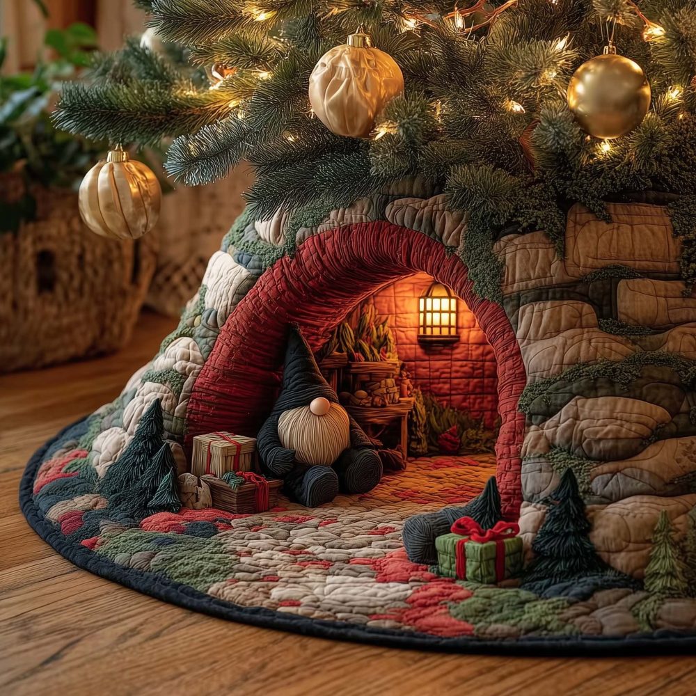 Red Brick Archway Gnome Tree Skirt — Handmade Festive Skirt With Rustic Arch Detail, Custom Sizes Available