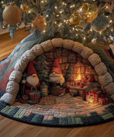 Pair Of Gnomes Workshop Tree Skirt — Handcrafted Glowing Workshop Scene, Custom Holiday Tree Skirt Options