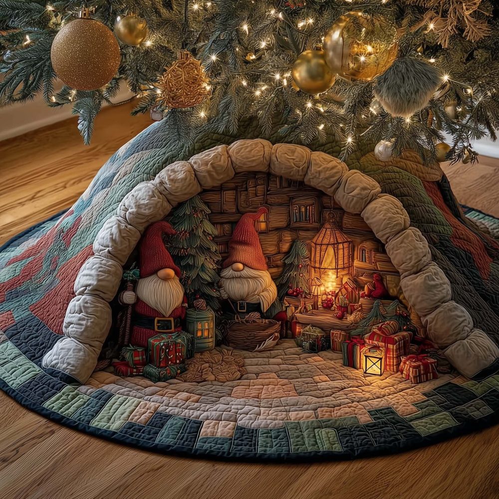 Pair Of Gnomes Workshop Tree Skirt — Handcrafted Glowing Workshop Scene, Custom Holiday Tree Skirt Options