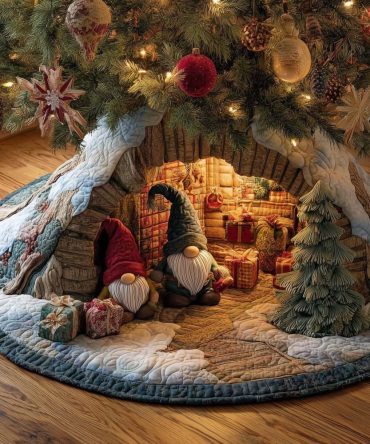 Handmade Snowy Stump Gnome Christmas Tree Skirt — Charming Woodland Holiday Decor, Custom Sizes & Colors