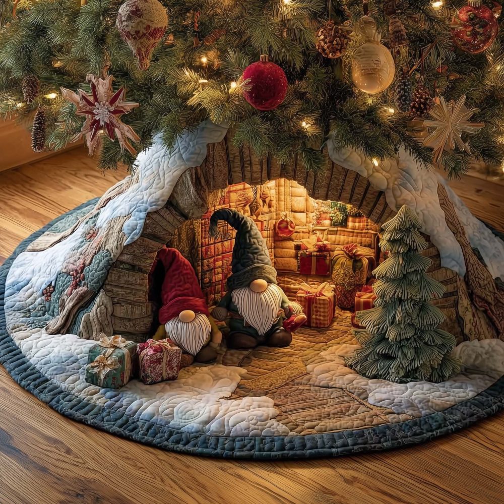 Handmade Snowy Stump Gnome Christmas Tree Skirt — Charming Woodland Holiday Decor, Custom Sizes & Colors