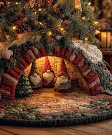 Quilted Arch Gnome Trio Holiday Tree Skirt - Cozy Handmade Patchwork Christmas Skirt, Custom Colors & Sizes, Made To Order