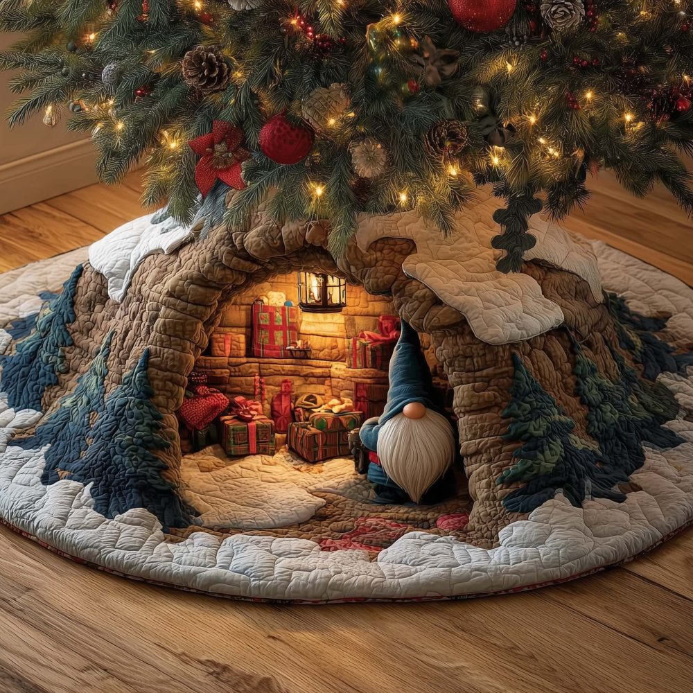 Winter Lantern Gnome Cave Tree Skirt - Artisan Handmade Christmas Skirt With Lantern Glow, Premium Gift-Ready, Made To Order