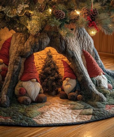 Gnomes Around The Fir Tree Skirt - Root Tent Rustic Christmas Skirt, Handmade Holiday Decor, Custom Sizing, Made To Order