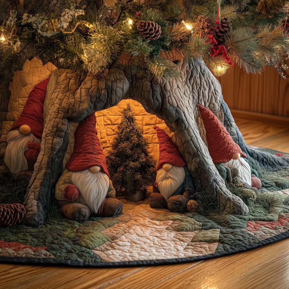 Gnomes Around The Fir Tree Skirt - Root Tent Rustic Christmas Skirt, Handmade Holiday Decor, Custom Sizing, Made To Order