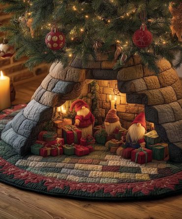 Candle Stone Cave Gnomes Holiday Tree Skirt - Handcrafted Festive Skirt With Candlelit Cave Design, Custom Sizes, Made To Order