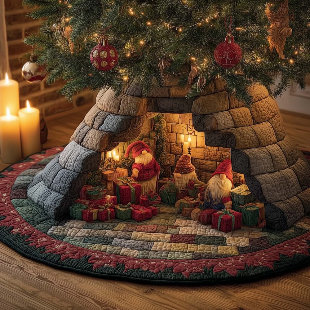 Candle Stone Cave Gnomes Holiday Tree Skirt - Handcrafted Festive Skirt With Candlelit Cave Design, Custom Sizes, Made To Order