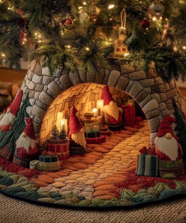 Mossy Arch Gnomes Fireside Holiday Tree Skirt - Handmade Rustic Christmas Skirt With Lush Moss Details, Customizable