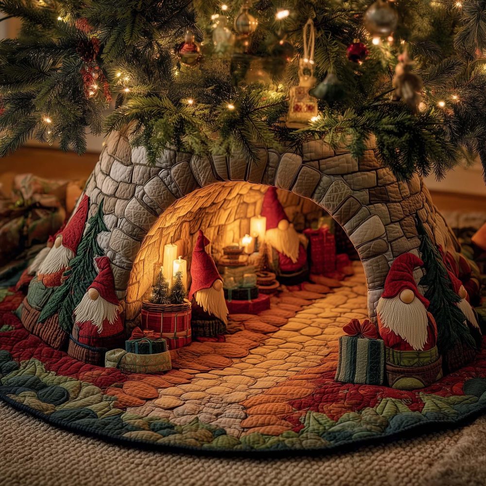 Mossy Arch Gnomes Fireside Holiday Tree Skirt - Handmade Rustic Christmas Skirt With Lush Moss Details, Customizable