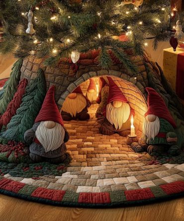 Firelit Hearth Gnome Scene Tree Skirt - Cozy Handmade Christmas Skirt With Warm Fireplace Motif, Custom, Made To Order