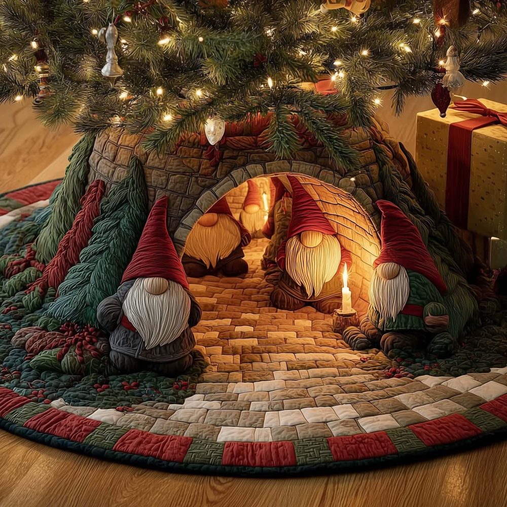 Firelit Hearth Gnome Scene Tree Skirt - Cozy Handmade Christmas Skirt With Warm Fireplace Motif, Custom, Made To Order